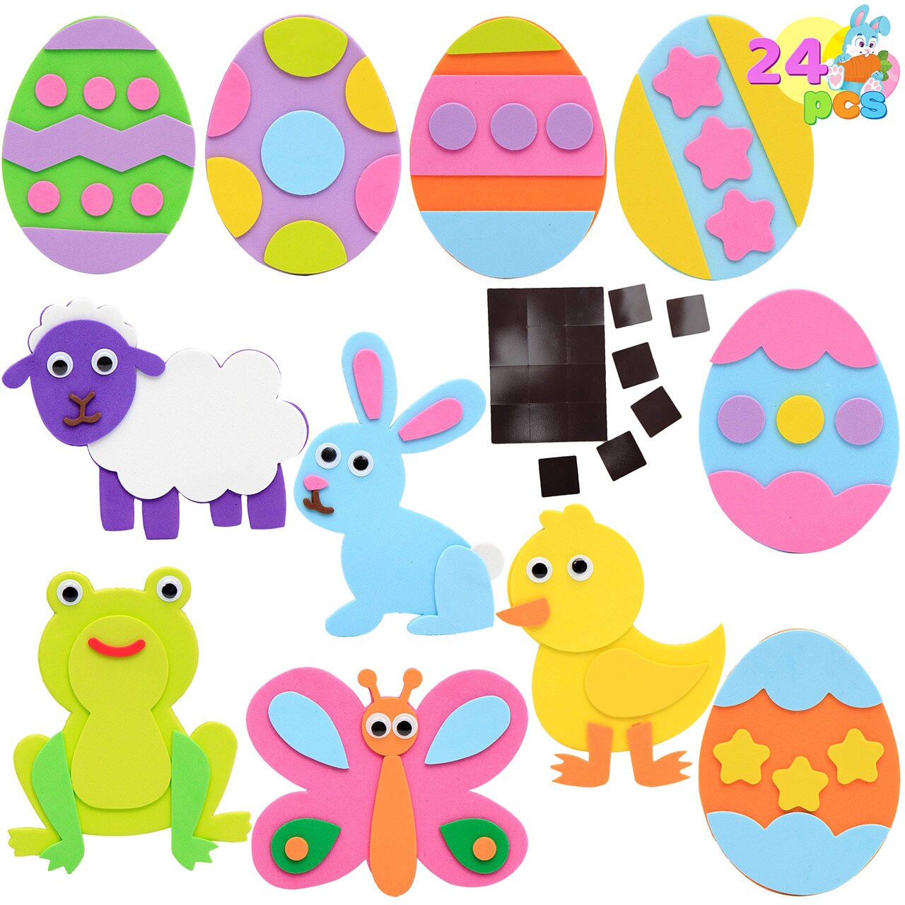 24 Pcs Foam Easter Animals and Egg Magnet Craft Kit, DIY Foam Magnet Craft Kits for Kids Party Favors Arts and Crafts Fun Home Activities, Easter Egg Hunt